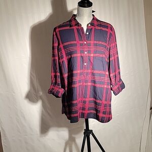 Tommy Hilfiger Women’s Black & Red Long Sleeve/Roll up 3/4, Plaid Shirt, XL, NWT